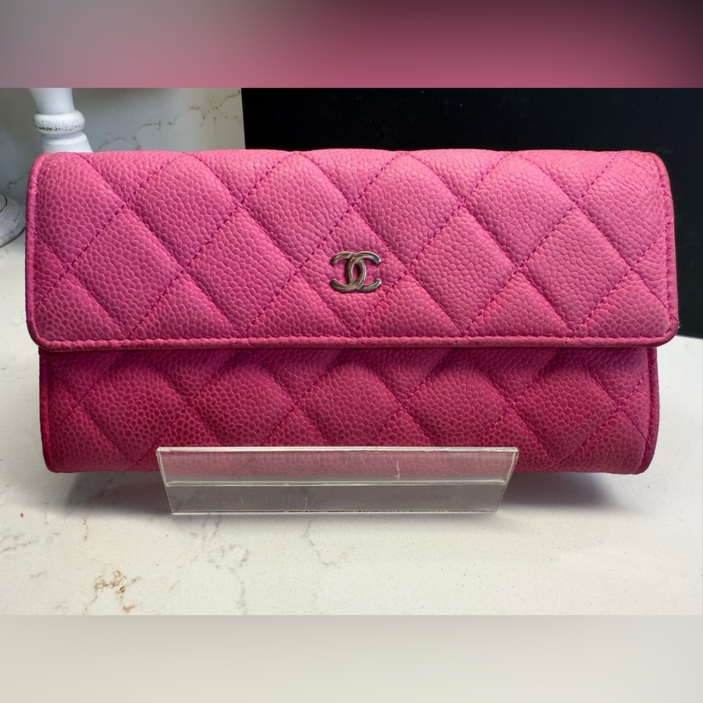 Authentic Chanel Caviar Quilted Large Gusset Flap Wallet Pink